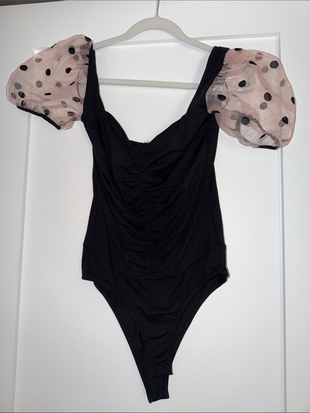TCEC Black Bodysuit with Blush Pink Polka Dot Puff Sleeves